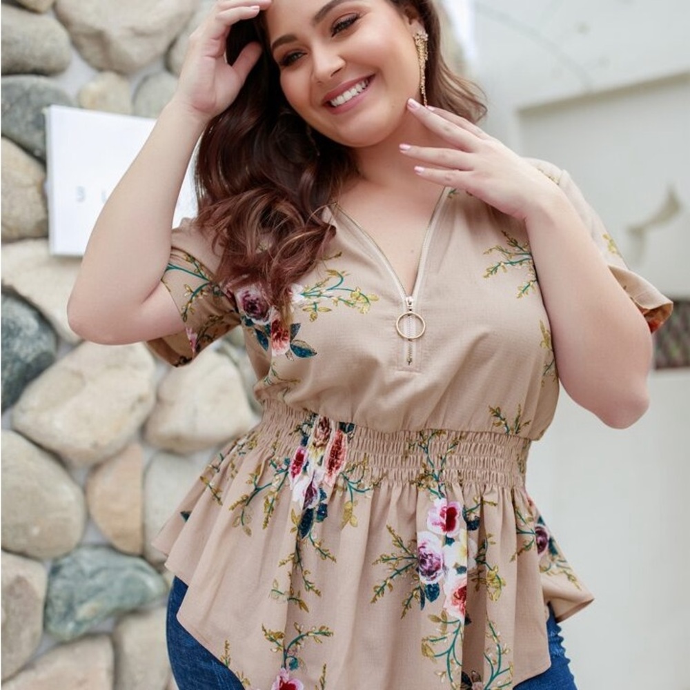 Tan Floral Blouse with front Zipper